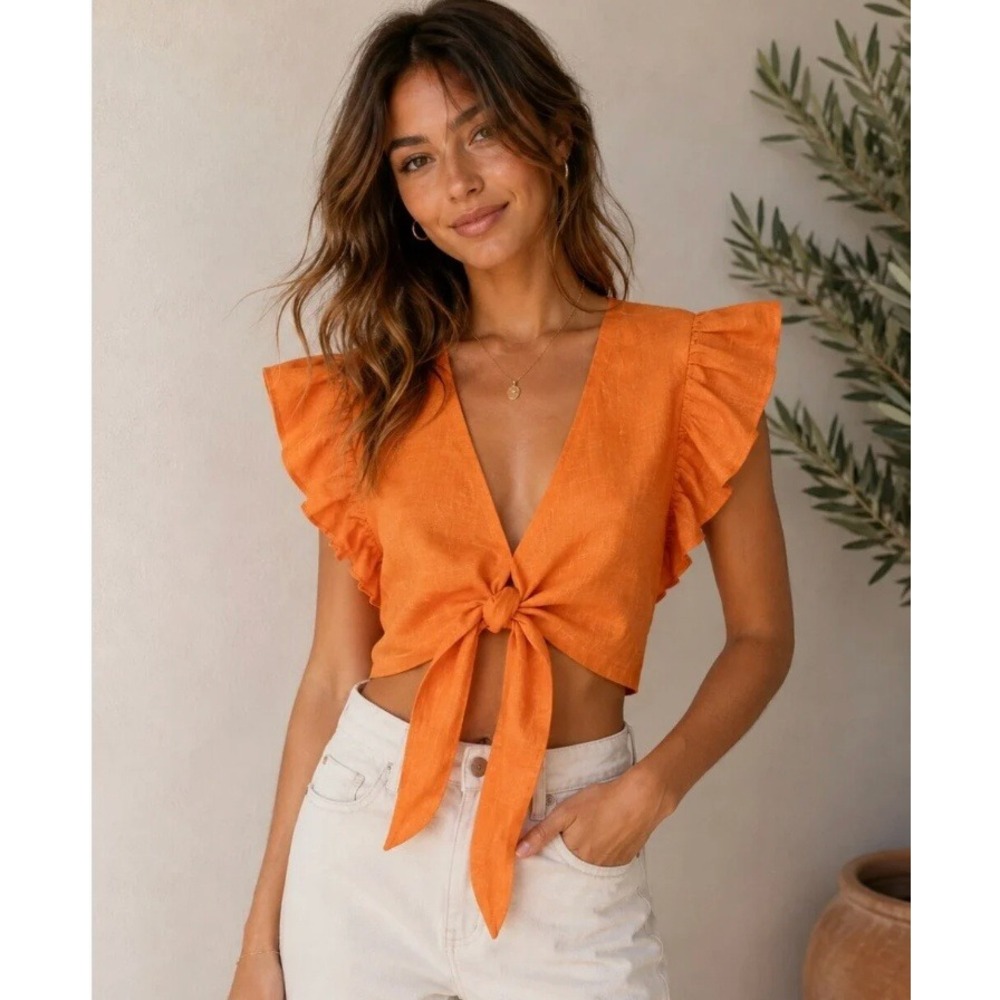 Abercrombie & Fitch Tie-Front Top Women XS Orange Ruffle Sleeve Linen Blend Boho